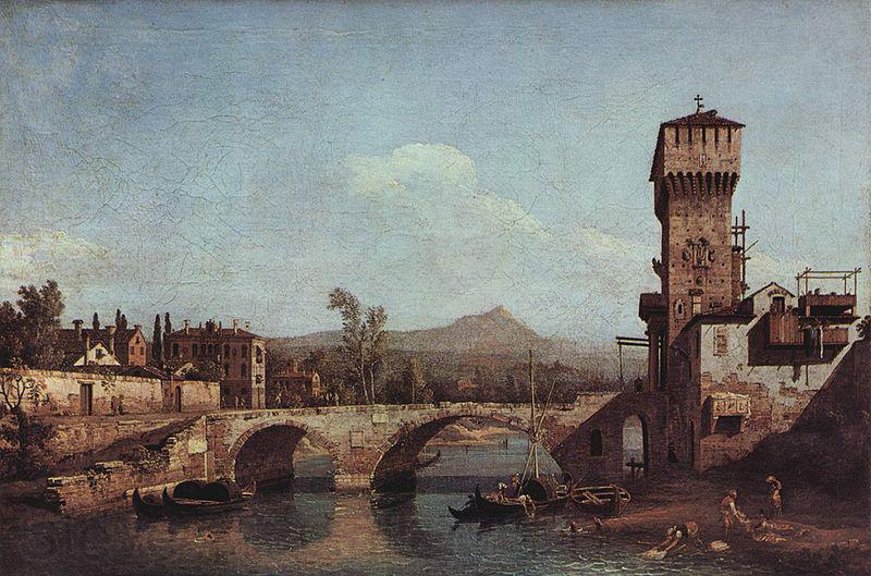 Bernardo Bellotto Capriccio Veneto, Flub, Brucke und mittelalterliches Stadttor Spain oil painting art